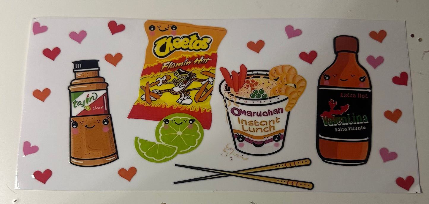 Tajin, Hot Cheetos, Ramen Noodles, and Hot Sauce with hearts
