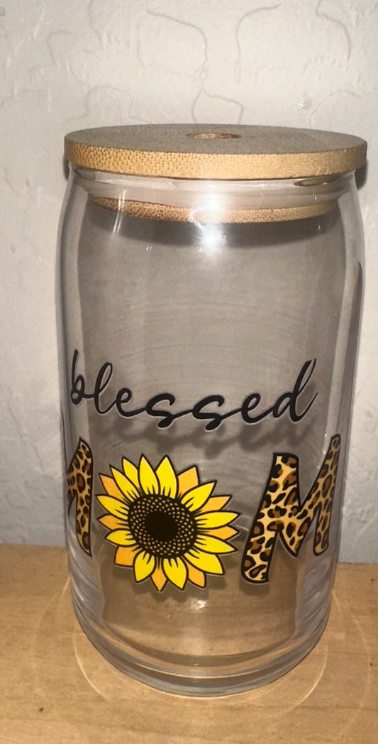Blessed Mom Sunflower Glass Cup