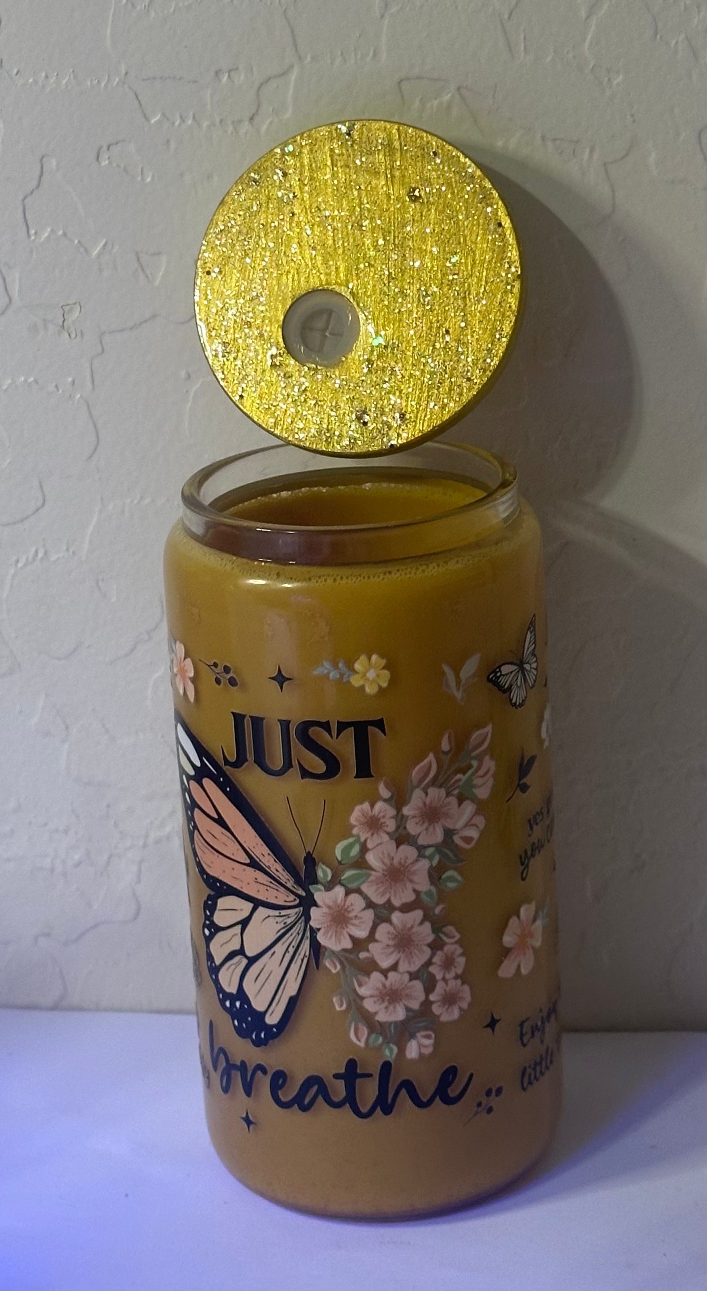 Just Breathe with Butterflies Glass Cup