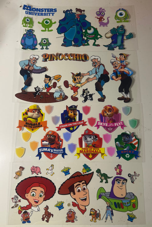 Monsters Inc, Pinocchio, Paw Patrol, and Toy Story